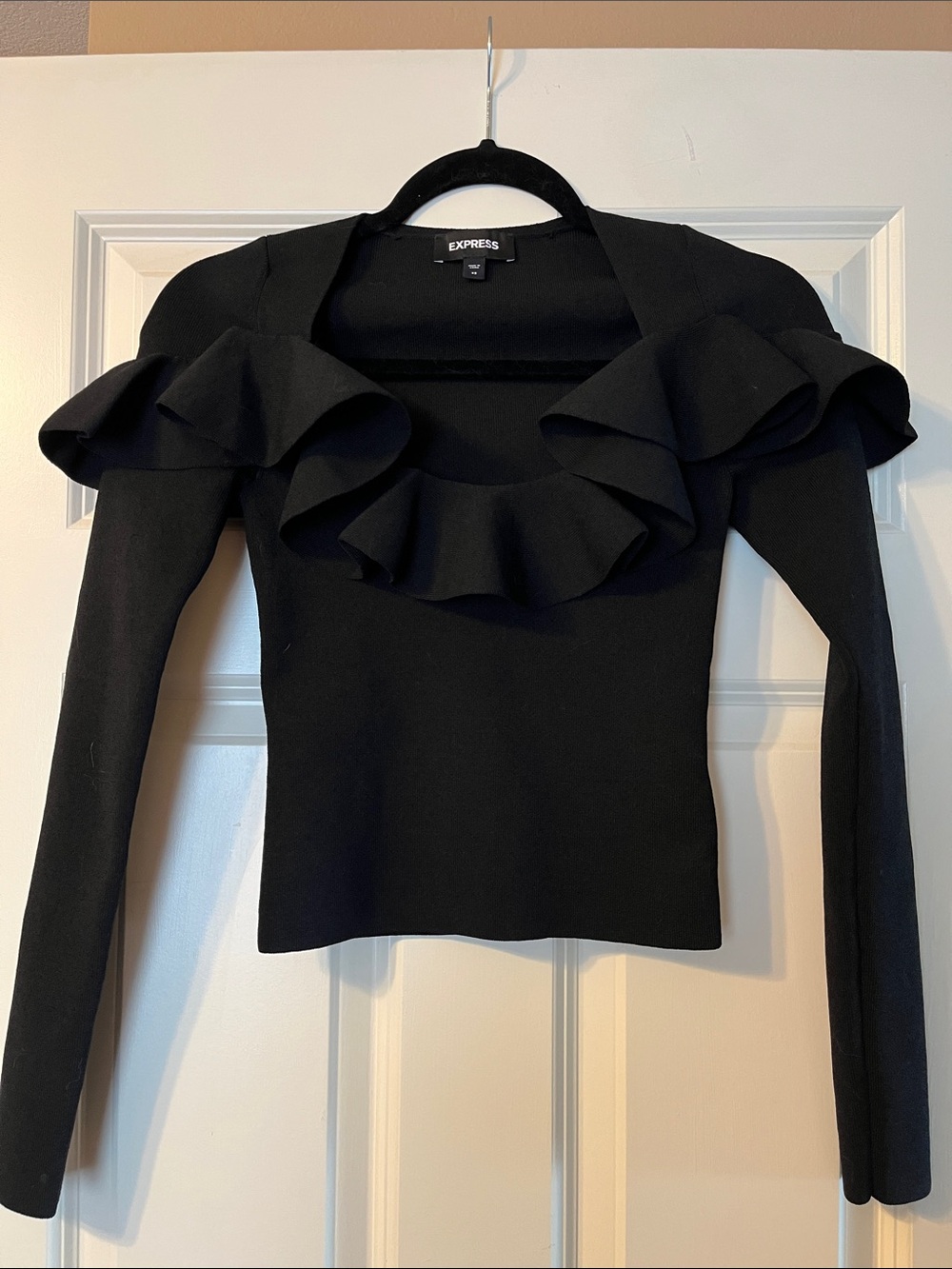 NWOT Express Black Ruffle-Detail Long Sleeve Top